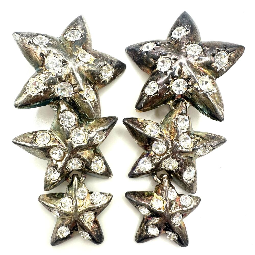Vintage 1990s silver tone clear rhinestones 3 stars dangle drop clip on earrings